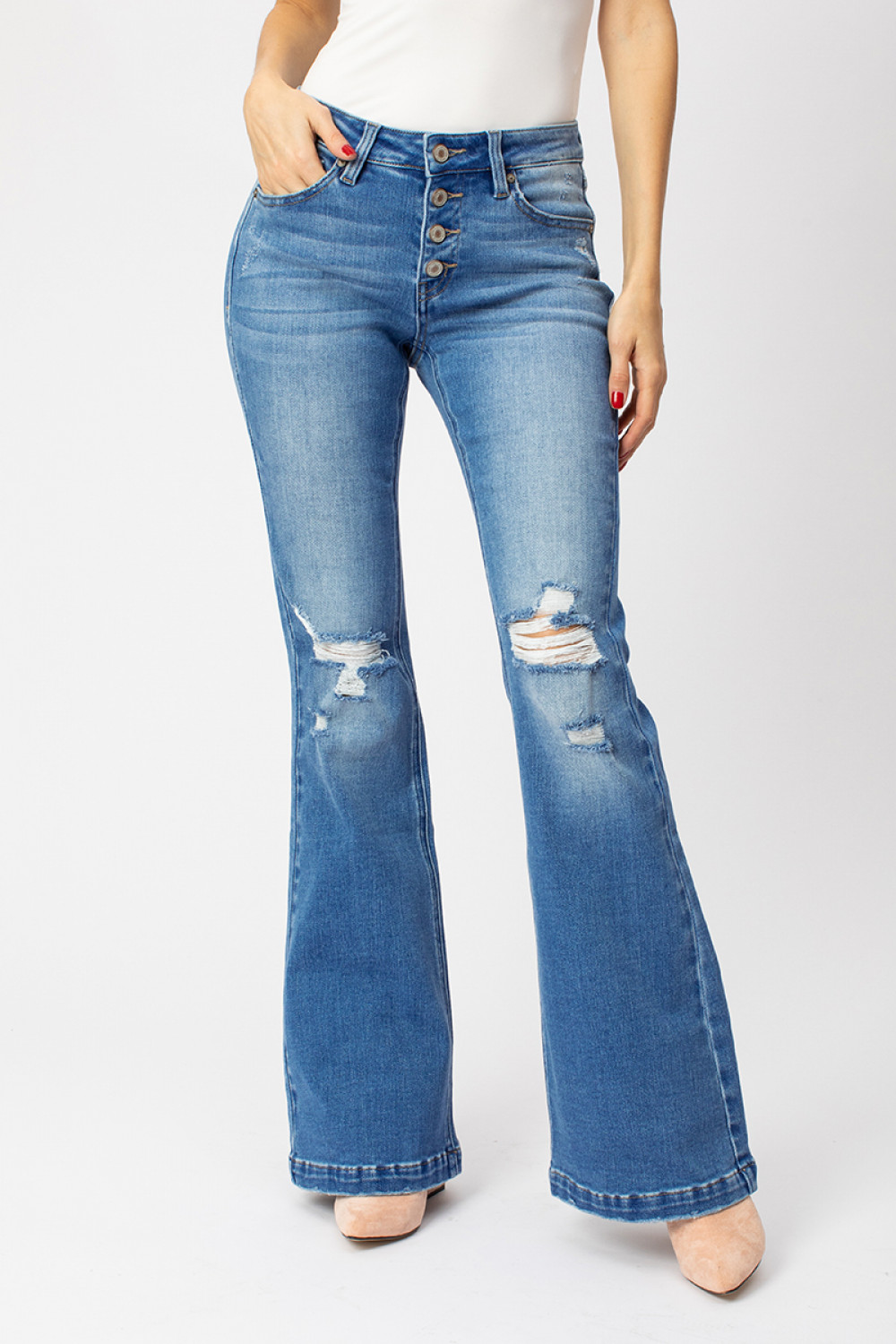 KC6327M-P Mid Rise Distressed Flare | Denim N Lace